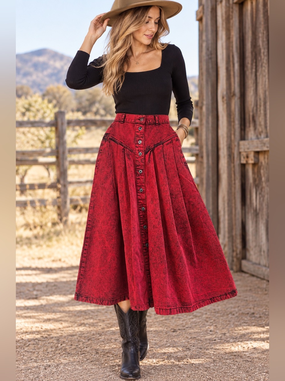 Vintage Sundance Red Acid Wash Denim Pleated Midi Skirt Size 3/4 USA Western